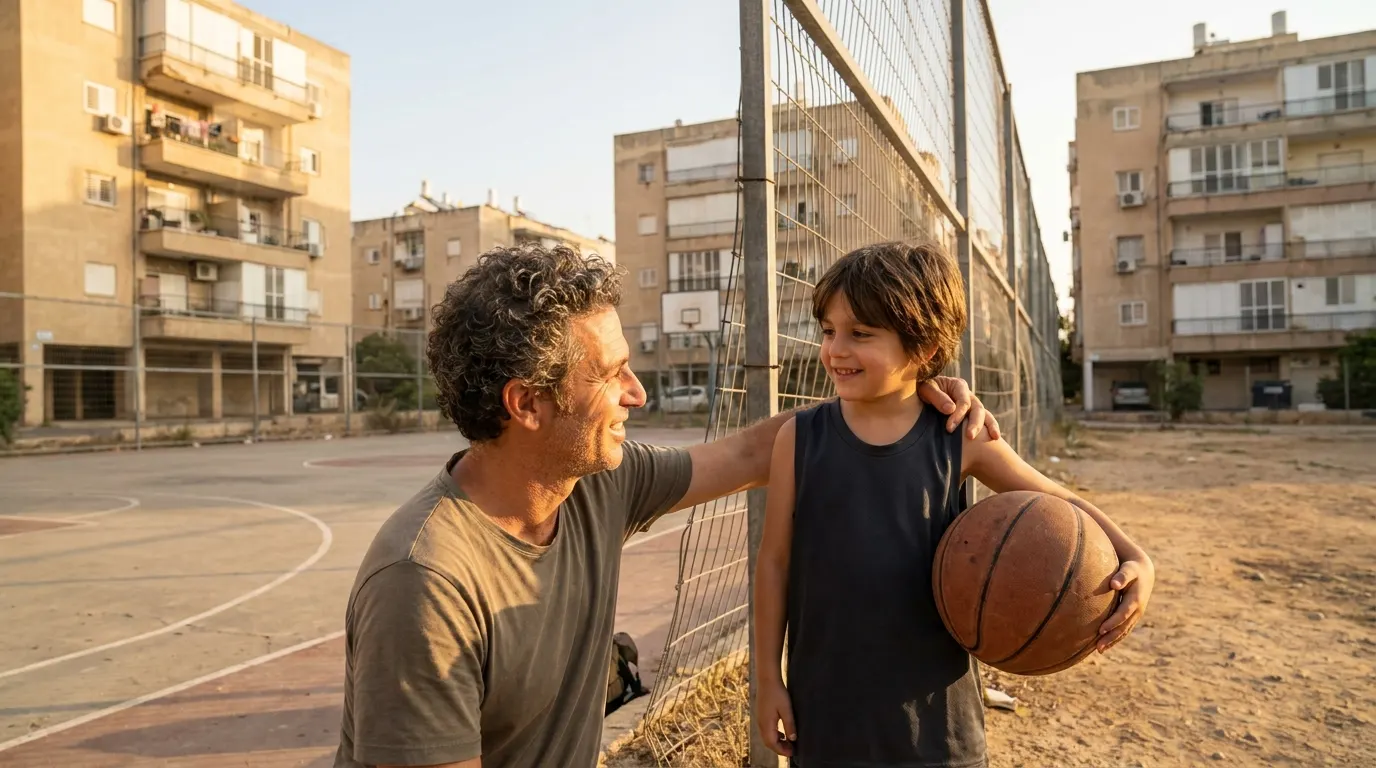 הורה ישראלי וילד עומדים ליד מגרש כדורסל שכונתי, הילד לובש מדי קבוצה ומחזיק כדור