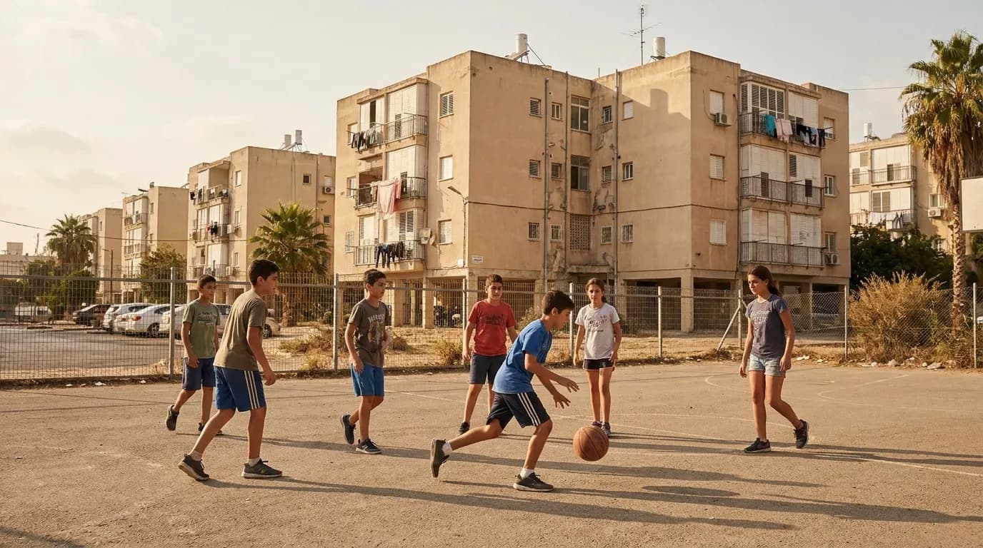קבוצת ילדים ונוער משחקים כדורסל במגרש שכונתי בישראל באור יום ים תיכוני