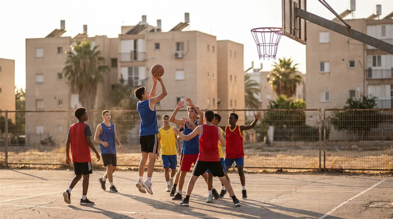 חמישה שחקנים צעירים משחקים כדורסל במגרש שכונתי בישראל, כל אחד בעמדה אחרת על המגרש