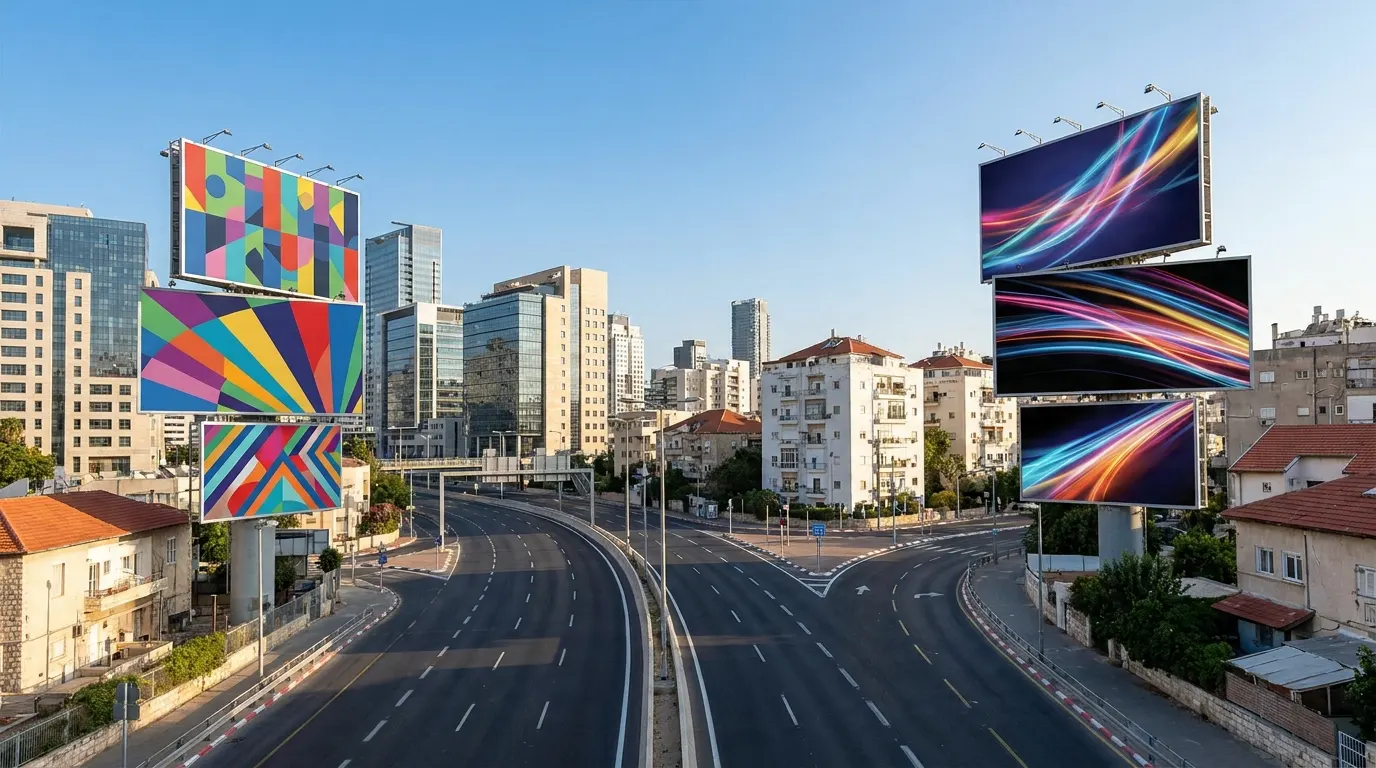 שלטי חוצות גדולים בצומת עירוני בישראל. מדריך לעסק קטן: מחירים, סוגים, וחלופות לשלטי חוצות