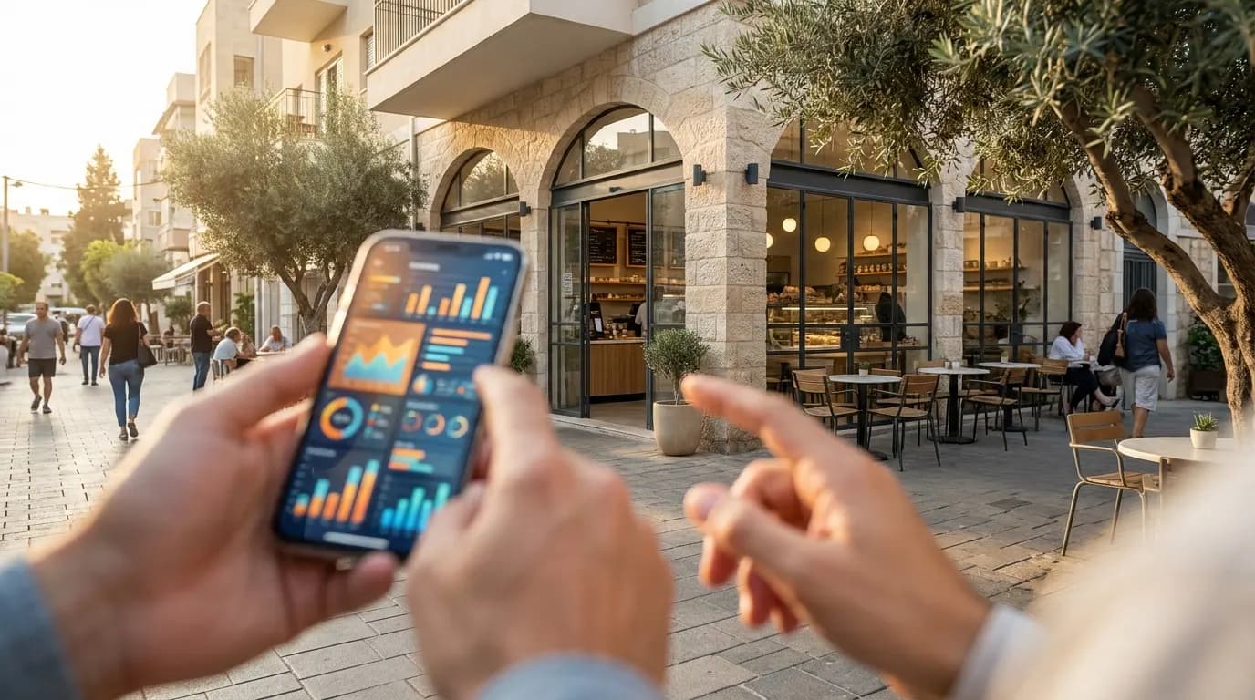 עסק מקומי מודרני בישראל עם דשבורד אנליטיקס דיגיטלי בחזית. שיווק דיגיטלי לעסק קטן: 7 ערוצים שעובדים