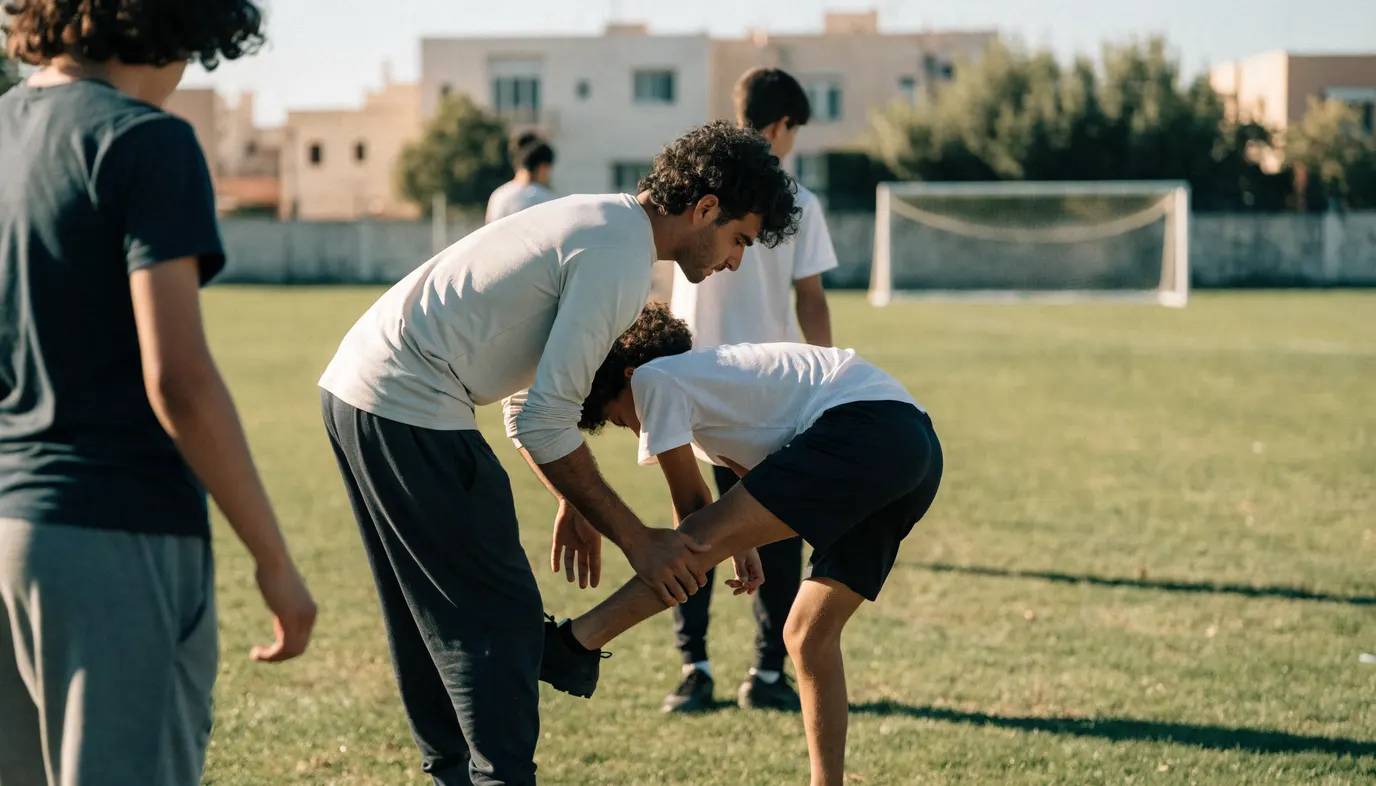 מאמן כדורגל נוער עוזר לשחקן צעיר להימתח ולהתחמם לפני משחק במגרש קהילתי בישראל