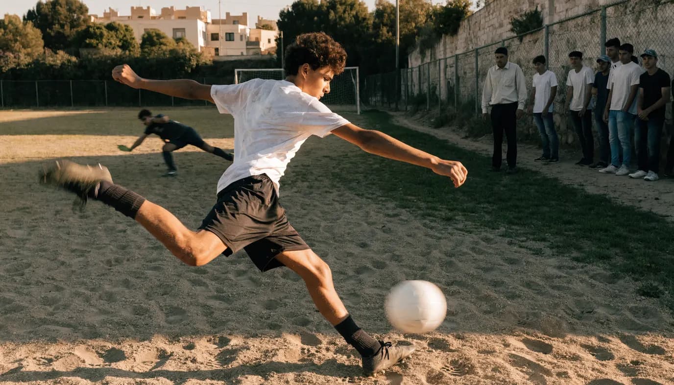 שחקן נוער ישראלי בועט בעיטת פנדל במגרש כדורגל קהילתי, שוער קופץ ברקע באור ים-תיכוני