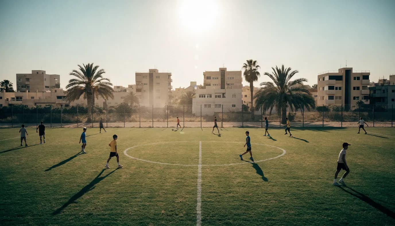 מבט מלמעלה על מגרש כדורגל קהילתי בישראל עם סימוני מגרש ברורים — מעגל מרכז ורחבת עונשין — ואור יום ים תיכוני
