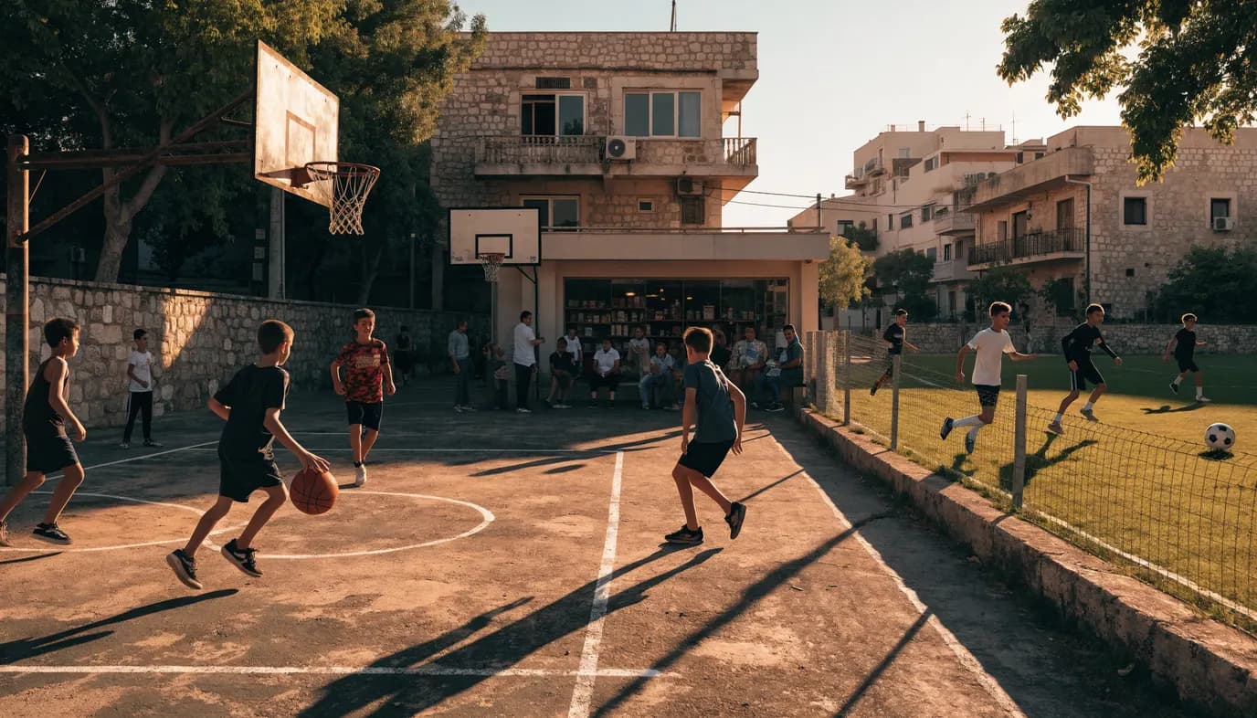 ילדים ישראלים משחקים כדורסל וכדורגל בשכונה, עם עסק מקומי ברקע - מצ'אפ והשפעתה על ספורט קהילתי בישראל