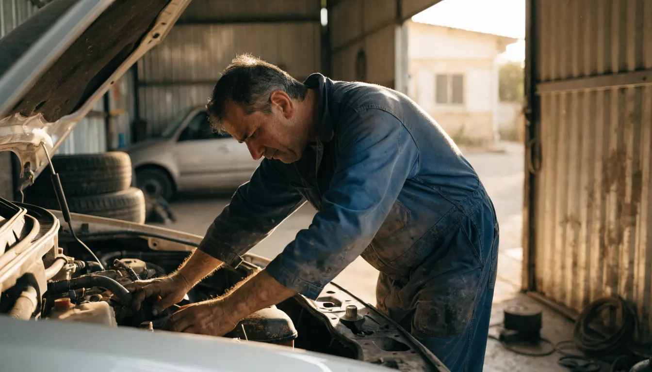 מכונאי ישראלי עובד על מנוע רכב פתוח במוסך קטן ברחובות, אור יום ים תיכוני נכנס דרך שער המוסך