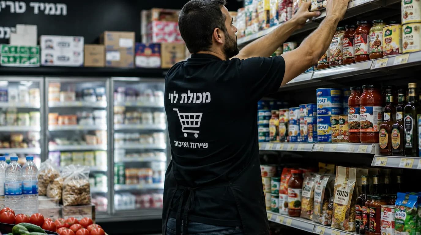 מכולת שכונתית ברחובות עם מדפי פירות וירקות טריים בכניסה, לקוחה קונה בבוקר