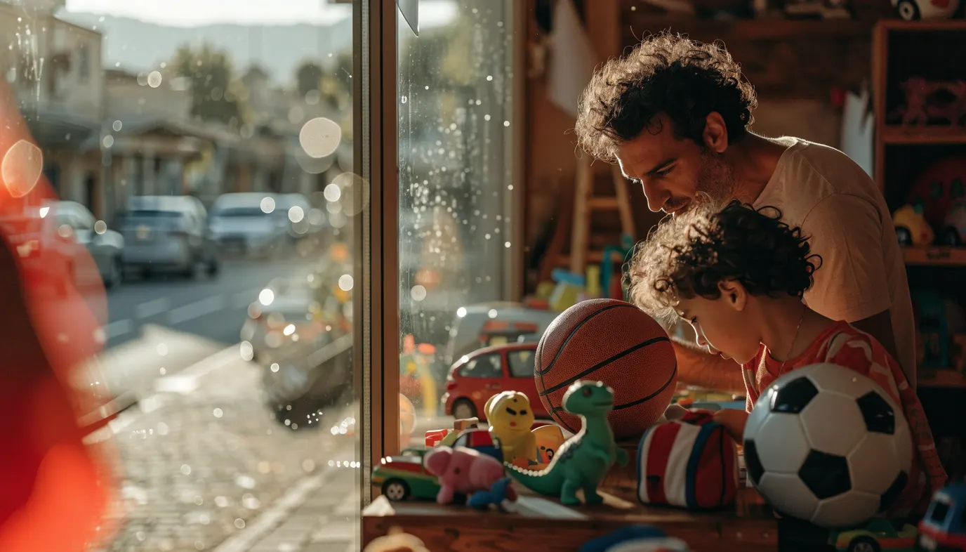הורה וילד בוחרים בחנות צעצועים שכונתית ברחובות, מדף עם צעצועים וגם ציוד ספורט לילדים, אור צהריים חם