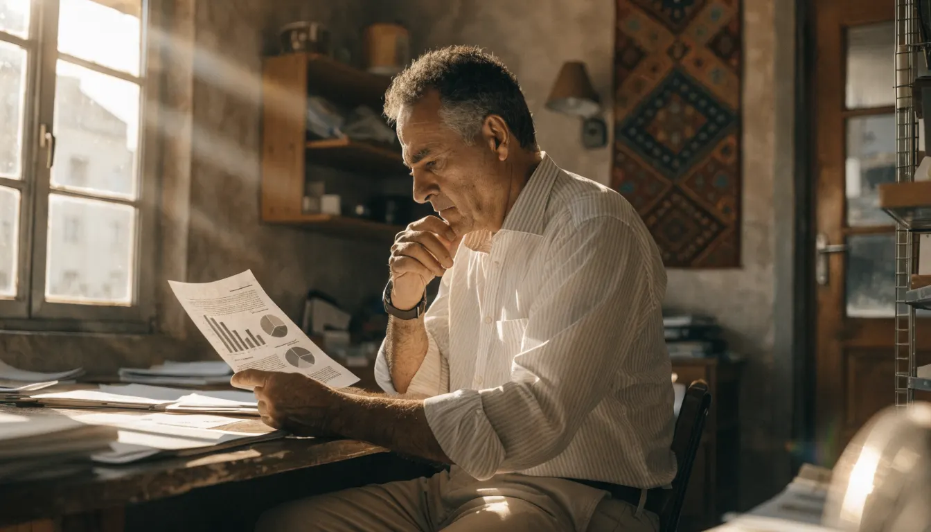 בעל עסק ישראלי בודק דוח השפעה חברתית מודפס עם גרפים במשרד קטן