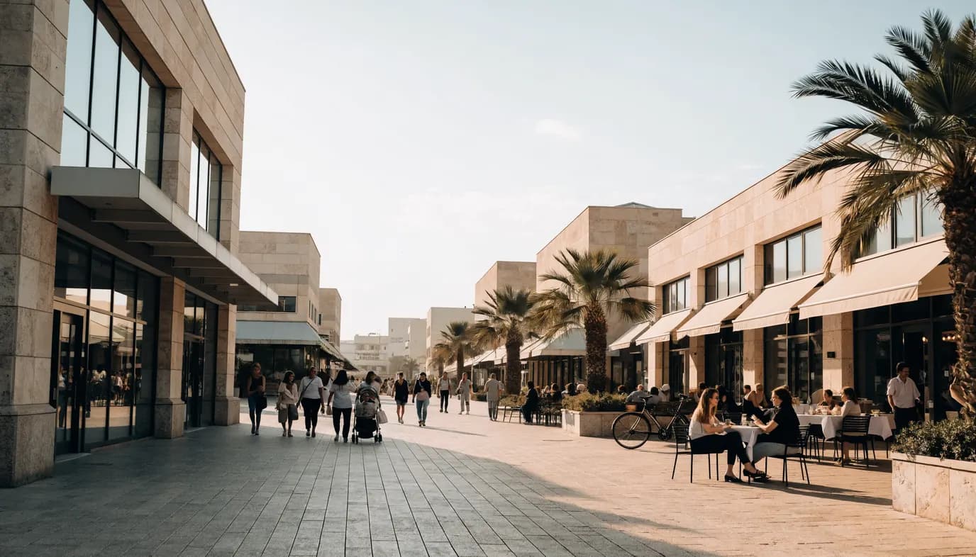 כיכר מסחרית פתוחה במרכז עיר ישראלית עם בתי עסק קטנים ואנשים מטיילים באור יום ים תיכוני