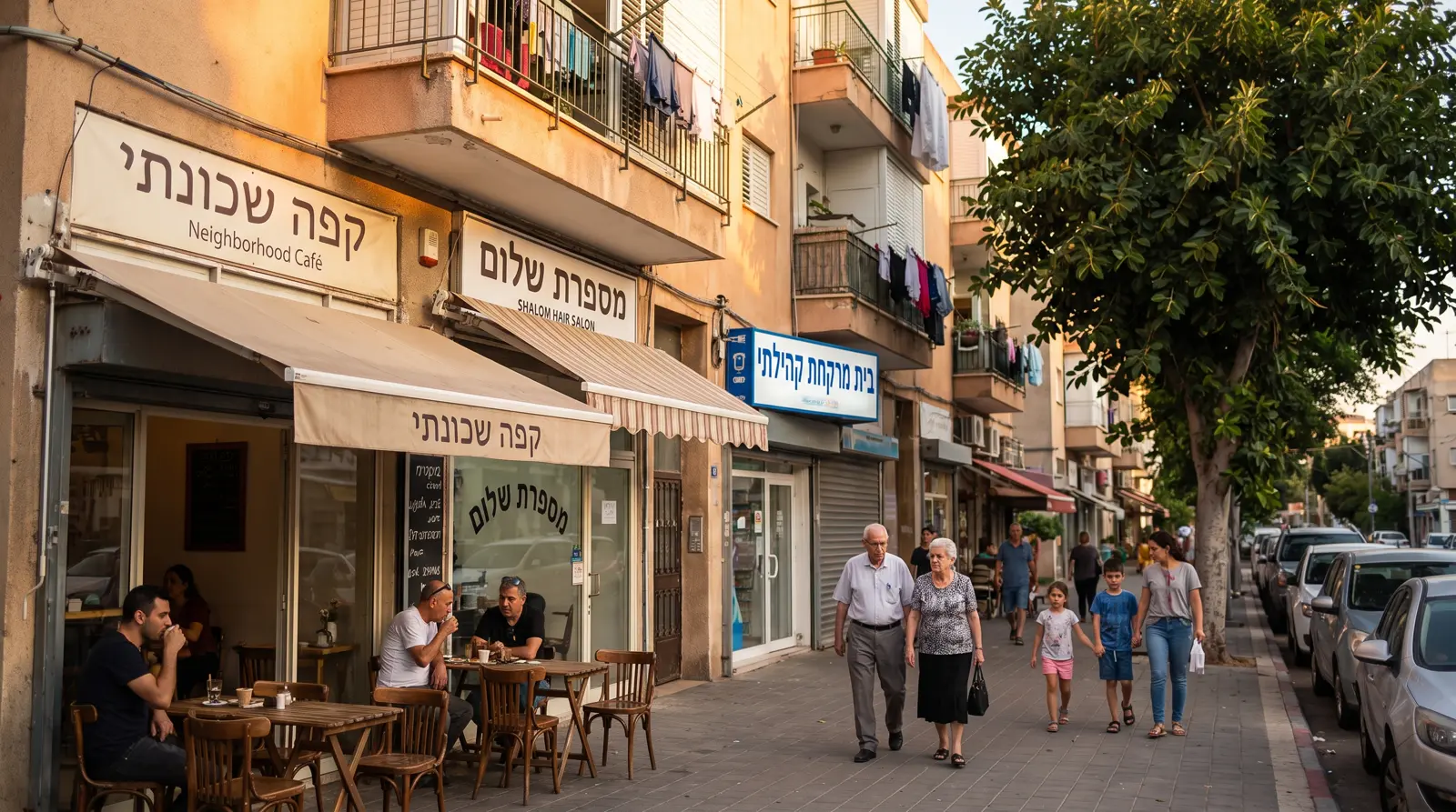 רחוב עסקים ישראלי שכונתי ושקט עם בית קפה, מספרה ומרפאה בקומת הכניסה של בניינים, אור ים תיכוני חם. עסקים ברחוב ויצמן ברחובות