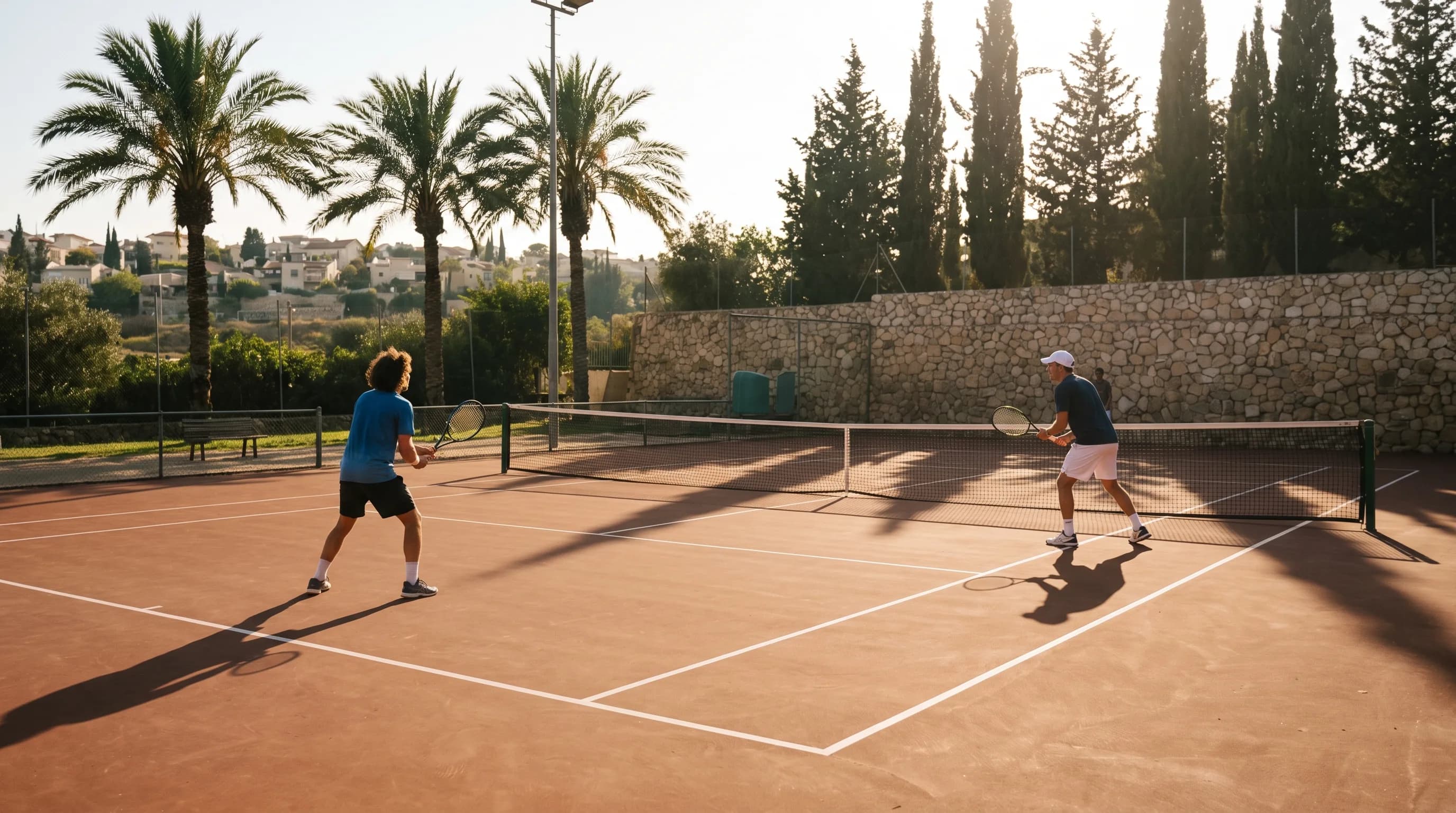 שני נערים ישראלים משחקים טניס במגרש קהילתי חוץ בישראל באור יום ים תיכוני