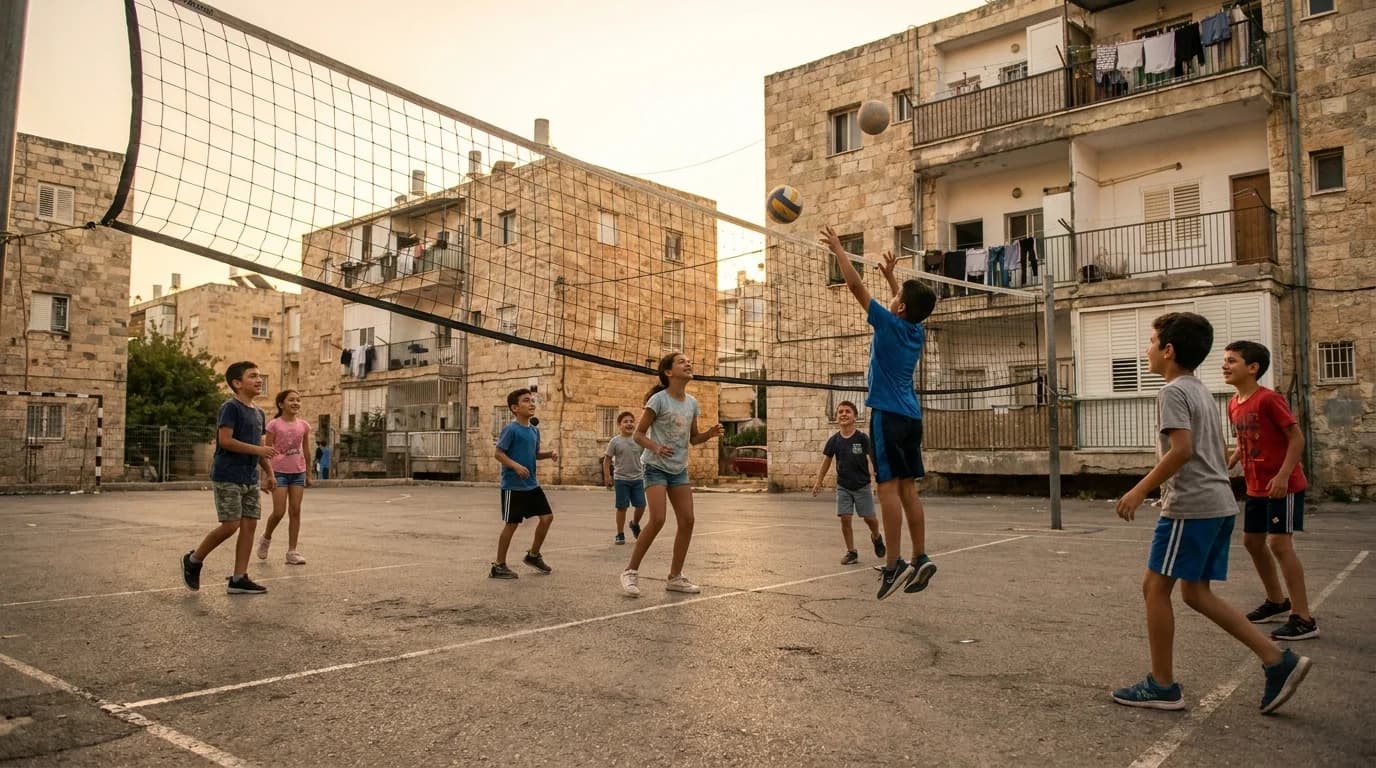 ילדים ישראלים משחקים כדורעף במגרש קהילתי, כל אחד עומד בעמדה אחרת סביב הרשת