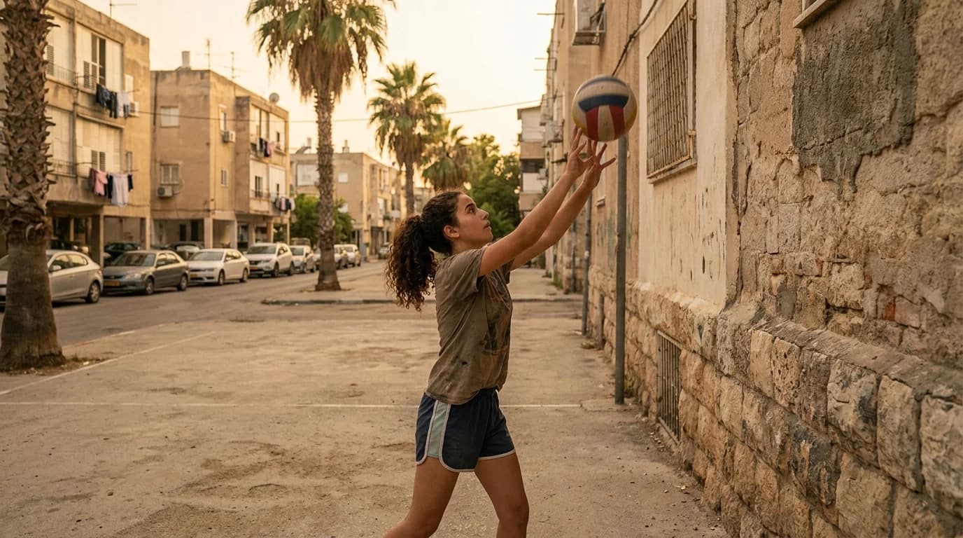 נערה ישראלית מתאמנת לבד במסירת אצבעות מול קיר במגרש כדורעף שכונתי בשעות אחר הצהריים