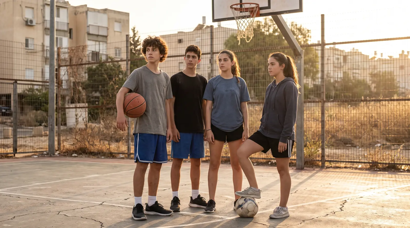 קבוצת נערים ונערות ישראלים במגרש ספורט שכונתי בשעת בין-ערביים, עם כדור כדורסל וכדור כדורגל, לפני אימון